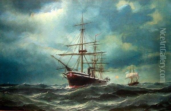 Full Steam Ahead - A British Ironclad War Ship In Choppy Waters Oil Painting - Edward Hoyer