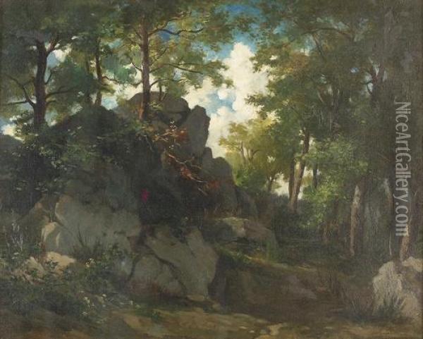 Sonnige Waldlandschaft Mit Felsen Unter Bewolktem Himmel. Oil Painting - Alceste Campriani