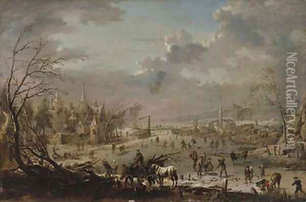 A winter landscape with villagers skating on a frozen river and wood-gatherers Oil Painting - Jan Pieter Van Bredael I