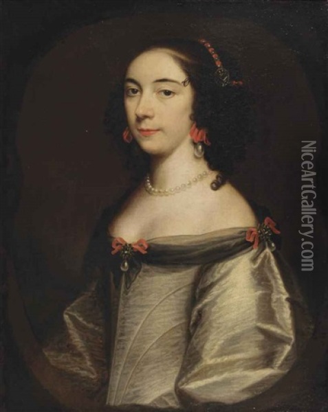 Portrait Of A Lady, Half-length, In A White Silk Dress, Adorned With Red Bows And Pearls, Pearl Earrings And A Pearl Necklace, In A Painted Cartouche Oil Painting - Adriaen Hanneman