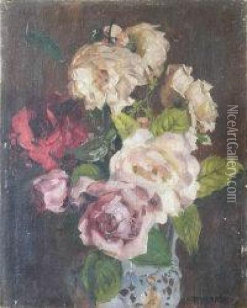 Roses In An Ironstone Jug Oil Painting - Charles Ward