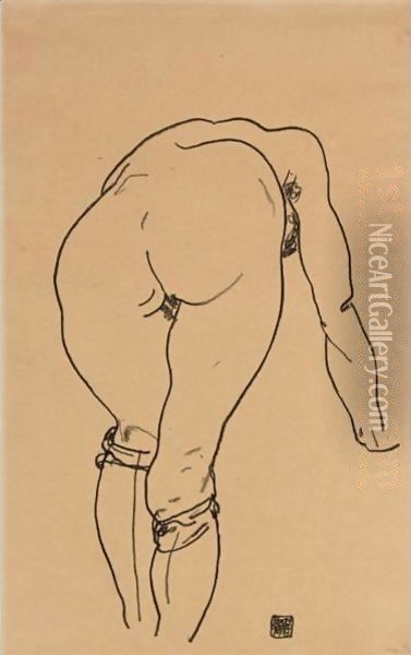 Gebueckter Akt, Rueckenansicht (Nude Bent Over, Back View) Oil Painting - Egon Schiele