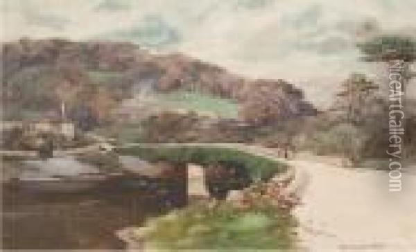 Figures Walking On A Bridge Over The River Wakeham, Dartmoor Oil Painting - John Baragwanath King