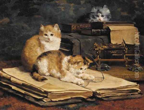 Feline librarians Oil Painting - Charles van den Eycken