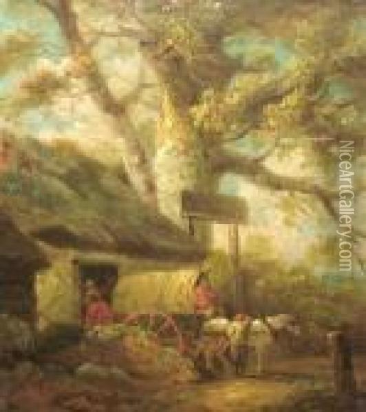 Travellers With A Cart And Horse By An Inn With Woodland Oil Painting - George Morland