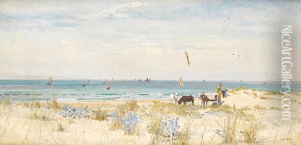 Harvesting The Land And The Sea;
 Men Working On The Dunes And In The Fishing Fleet Offshore Oil Painting - William Lionel Wyllie