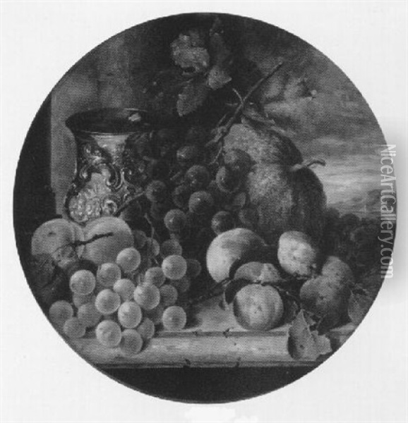Still Life With Grapes And Plums Before An Arcadian Landscape Oil Painting - Edward Ladell