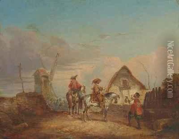 Begrusung Von Offizieren Vor Einem Gehoft Mit Abziehenden Landsknechten Oil Painting - Joseph Jodocus Moerenhout