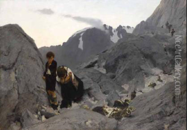 Ein Abgesturtzter Bergsteiger Wird Von Seiner Frau Und Seinem Kleinen Sohn Betrauert. Oil Painting - Wilhelm Simmler
