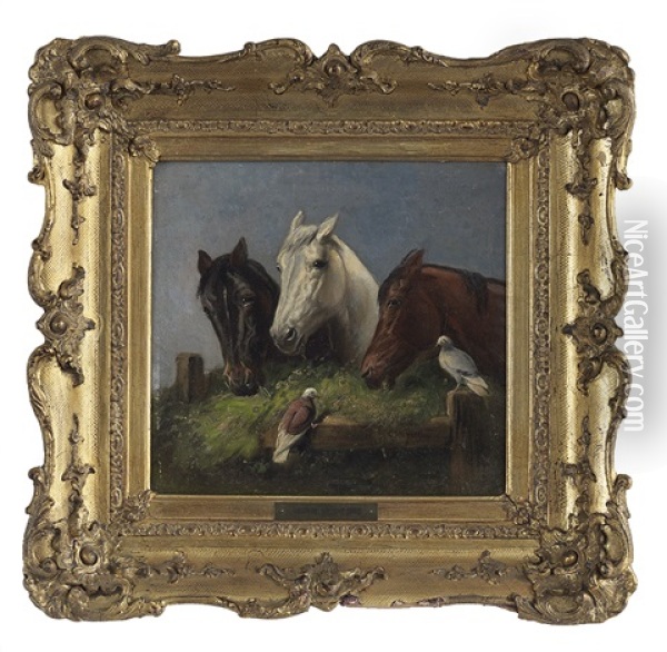 Three Horses Grazing With Birds Oil Painting - George Wright