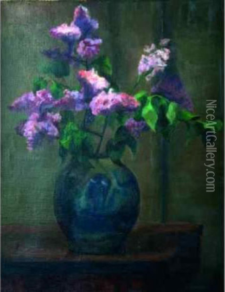 Bouquet De Lilas Au Vase Bleu. Oil Painting - France Leplat