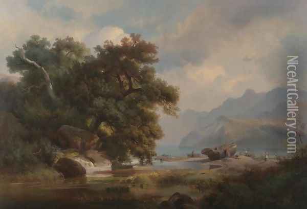 Net Menders in a River Landscape Oil Painting - Johann-Hermann Carmiencke