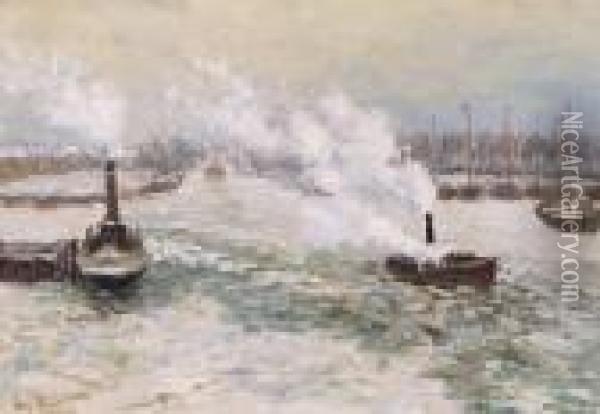 Winterlicher Hafen Mit Dampfschleppern Und Segelbooten Oil Painting - Hans Von Bartels