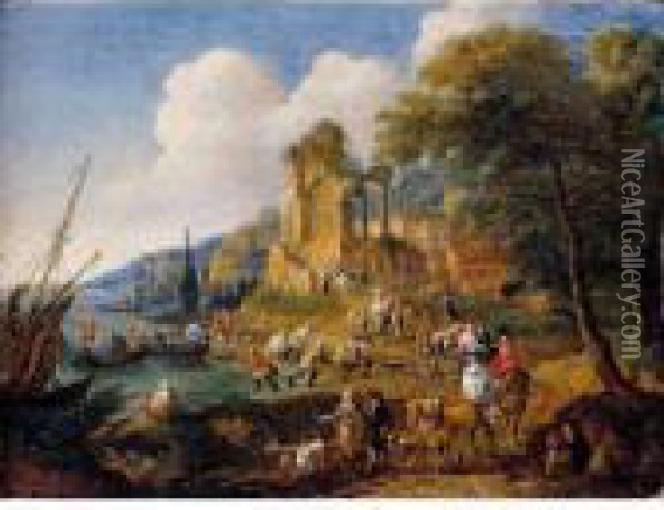 Fishermen Landing Their Catch, 
With Travellers On A Road Before A Classical Ruin And A Town Oil Painting - Peeter Bout