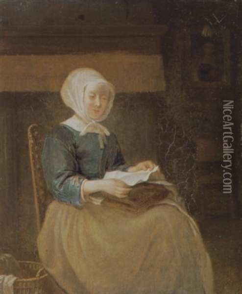 A Lady Seated In An Interior Reading A Letter Oil Painting - Eglon Hendrik van der Neer