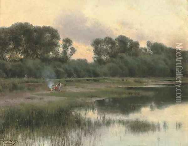 Shepherds by a riverside fire Oil Painting - Emilio Sanchez-Perrier