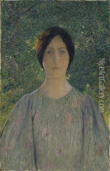 Jeune Femme A La Robe Fleurie Oil Painting - Henri Martin