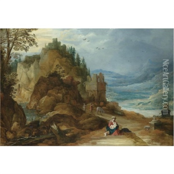 A Mountainous River Landscape With The Rest On The Flight Into Egypt Oil Painting - Joos de Momper the Younger