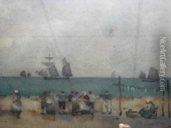 Fisherfolk And Smokies By A Harbour Wall Oil Painting - James Watterston Herald