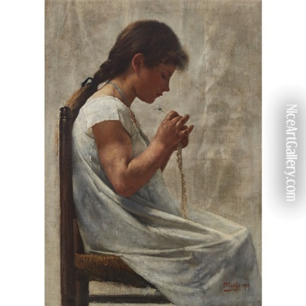 Young Girl Making Lace Oil Painting - Frigyes Friedrich Miess