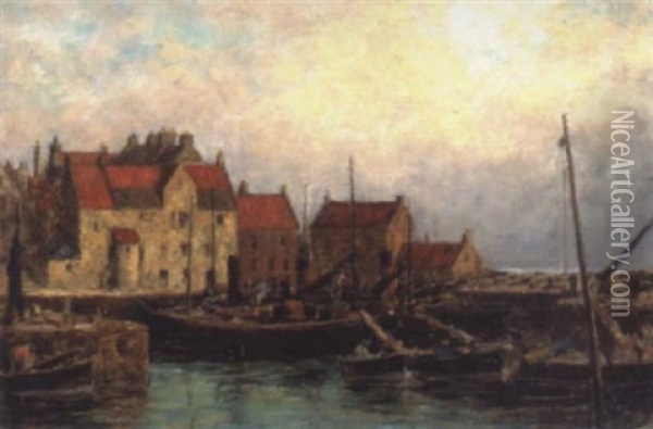 Boats Against A Harbour Wall Oil Painting - Charles A. Sellar