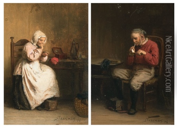 Woman Taking Snuff - The Pipe Smoker (1876) Oil Painting - Jacob Taanmann
