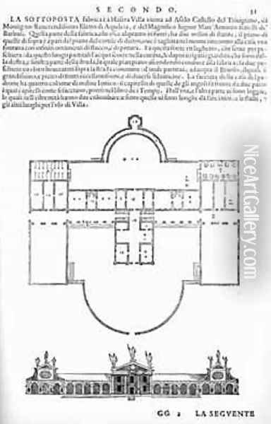 Plan and elevation of Villa Barbaro, Maser, illustration from a facsimile copy of I Quattro Libri dellArchitettura written by Palladio, originally published 1570 Oil Painting - Andrea Palladio