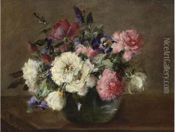 A Flower Still Life With Peonies In A Glass Vase Oil Painting - Sara Henze
