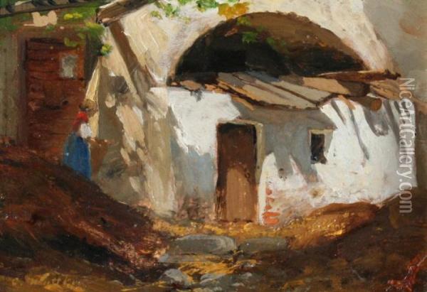 Village Scene With Figure Approaching Door Oil Painting - Carl Wuttke