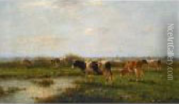 Cows In A Polder Landscape Oil Painting - Cornelis I Westerbeek