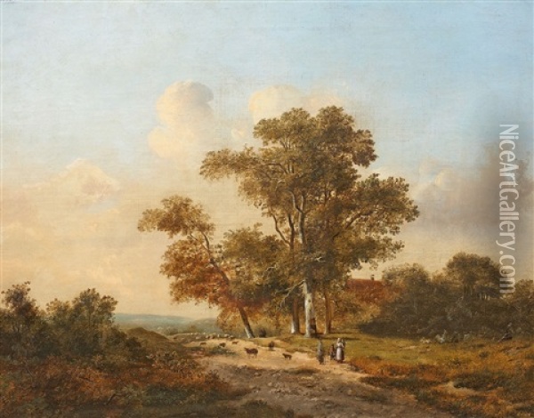 Hollandische Landschaft Mit Bauern Und Schafherde Oil Painting - Marinus Adrianus Koekkoek the Younger