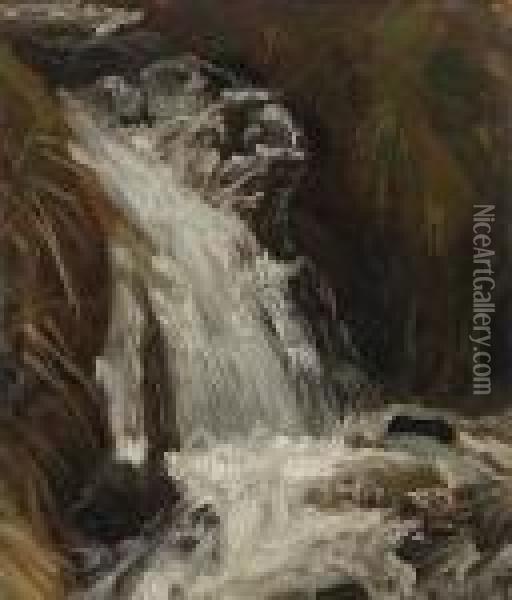 Gischtender Wasserfall. Oil Painting - Christian Friedrich Gille
