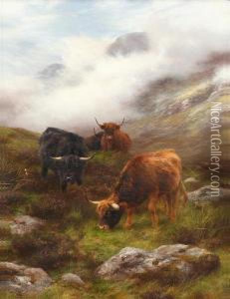 Highland Cattle In A Mountainous Landscape Oil Painting - Peter Graham