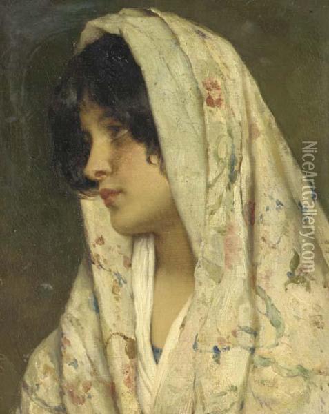 A Young Beauty With A Flowered Shawl Oil Painting - Eugene de Blaas
