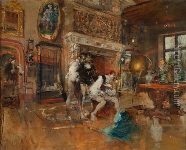 Interieur Mit Drei Mannern Beim Betrachten Eines Gemaldes Oil Painting - Mariano Jose Maria Bernardo Fortuny y Carbo