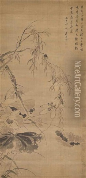 Cicada, Lotus And Willow Oil Painting -  Jiang Tingxi