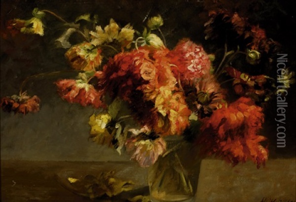 Still-life With Red Flowers In A Glass Vase Oil Painting - Marie Heineken