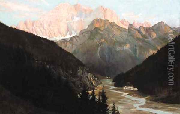 Sunset on the Civetta, Italian Tyrol Oil Painting - Henry Howard