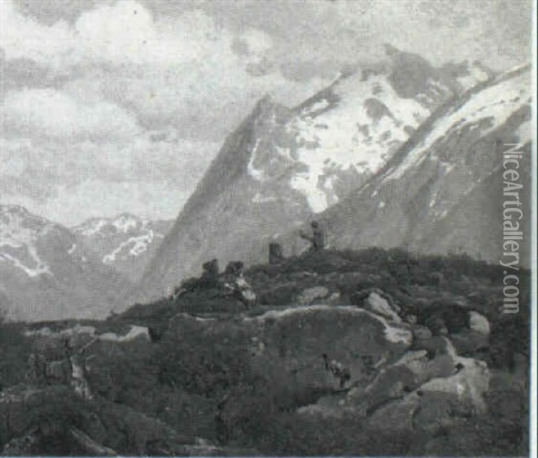 Sydlandsk Klippefyldt Landskab I Baggrunden Sneklaedte      Bjergtoppe Oil Painting - Anton Edvard Kjeldrup