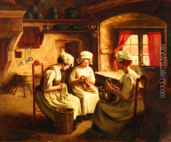 Three Women Sewing Beside A Window Oil Painting - Gerard Jozef Portielje