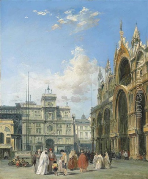 Figures Beside The Basilica Of San Marco And The Torre Dell'orlogio, Venice Oil Painting - Edward Pritchett
