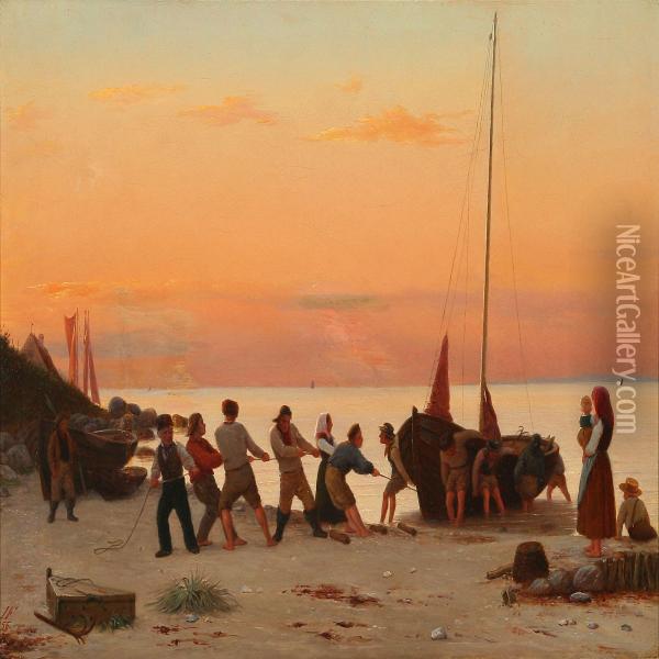 Fishermen Bringing A Boat Ashore Oil Painting - Julius Friedlaender