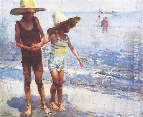 Ninos En La Playa Oil Painting - Jose Navarro Llorens