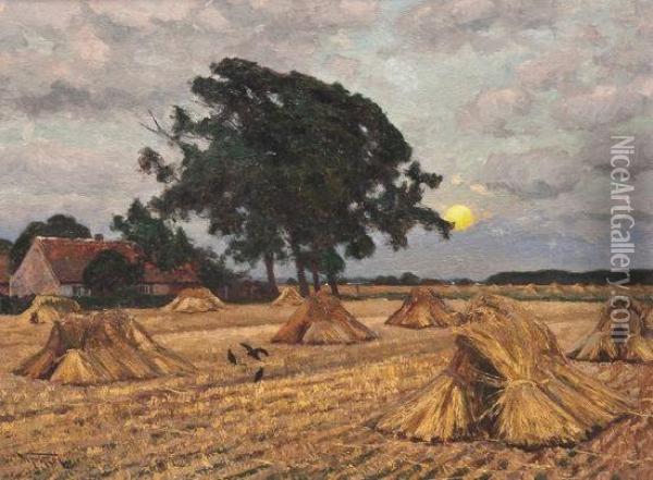Harvested Wheat Field At Sunrise Oil Painting - Wilhelm Fritzel
