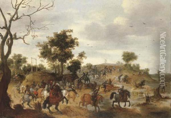 A Landscape With A Cavalry Battle, Gallows And A Windmill Beyond Oil Painting - Pieter Snayers