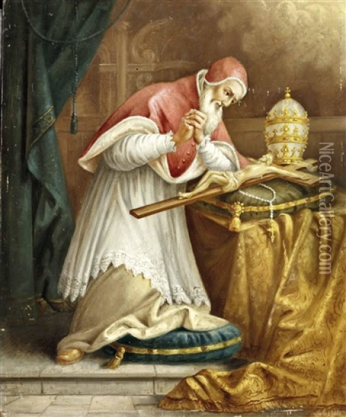 Der Hl. Papst Pius V Verehrt Den Gekreuzigten Oil Painting - August Kraus
