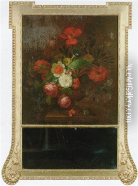 Roses, Poppies, Daisies, Chrysanthemums And Other Flowers In An Urn On A Stone Ledge Oil Painting - Jan Van Huysum