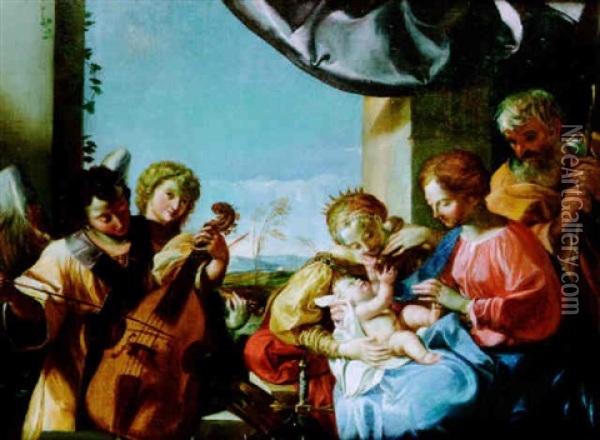 The Holy Family With St. Catherine And Angel Musicians Oil Painting - Angelo Caroselli