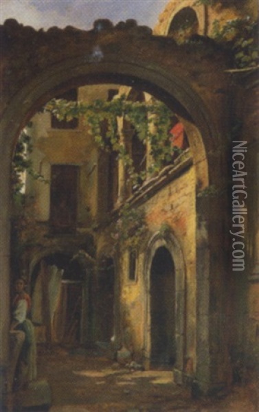 Innenhof Eines Alten Italienischen Gebaudes Mit Frau Am Brunnen Oil Painting - Karl von Blaas