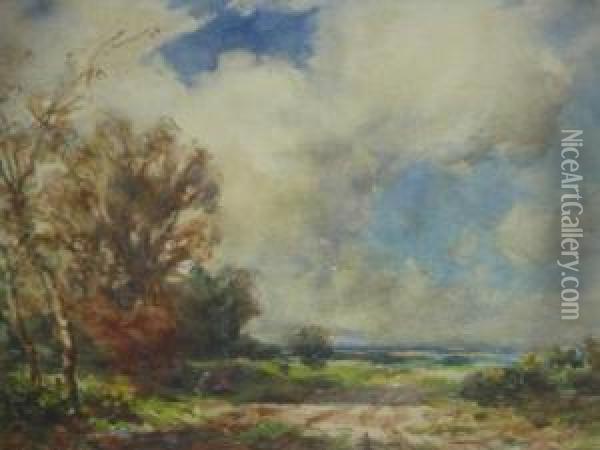 Heathland Landscape With Figures On Byeway Under An Expansive Sky Oil Painting - Thomas William Morley